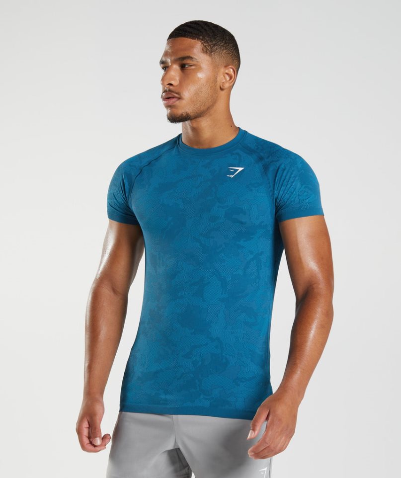 Men\'s Gymshark Geo Seamless T-Shirts Blue | NZ 0SYKUP